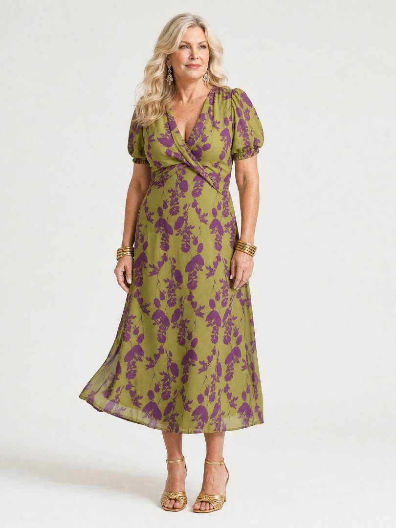 Stylish women's wrap midi dress in a vibrant floral print, offering an elegant, versatile silhouette.