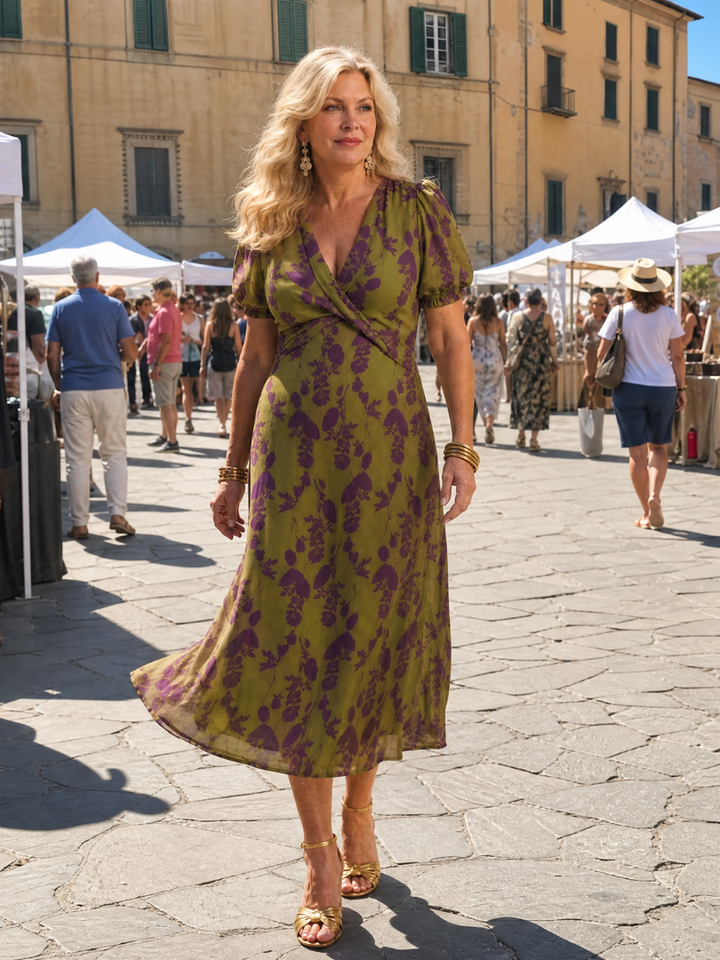 Effortless women's floral wrap midi dress, a versatile V-neck design for spring & summer comfort.