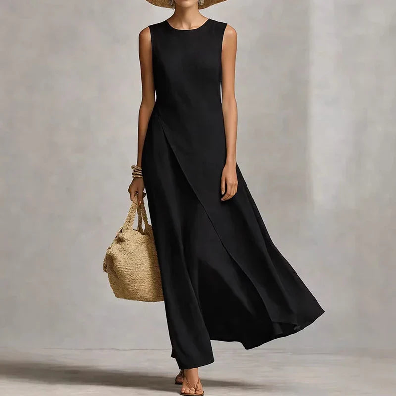 Elegant women's asymmetrical maxi dress, sleeveless, flowing design with a relaxed fit. Ideal for summer casual.