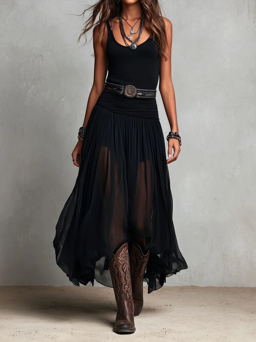Women's flowing boho maxi dress with V-neck, sleeveless design, and stylish Western belt. Perfect for summer.