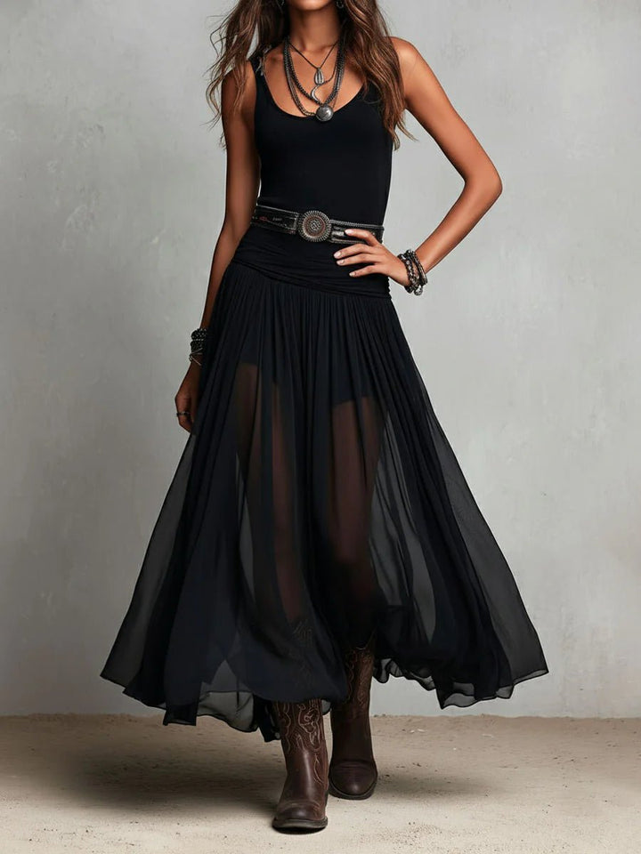 Bohemian maxi dress for women, featuring a V-neck and Western belt. Ideal for festival fashion & summer events.