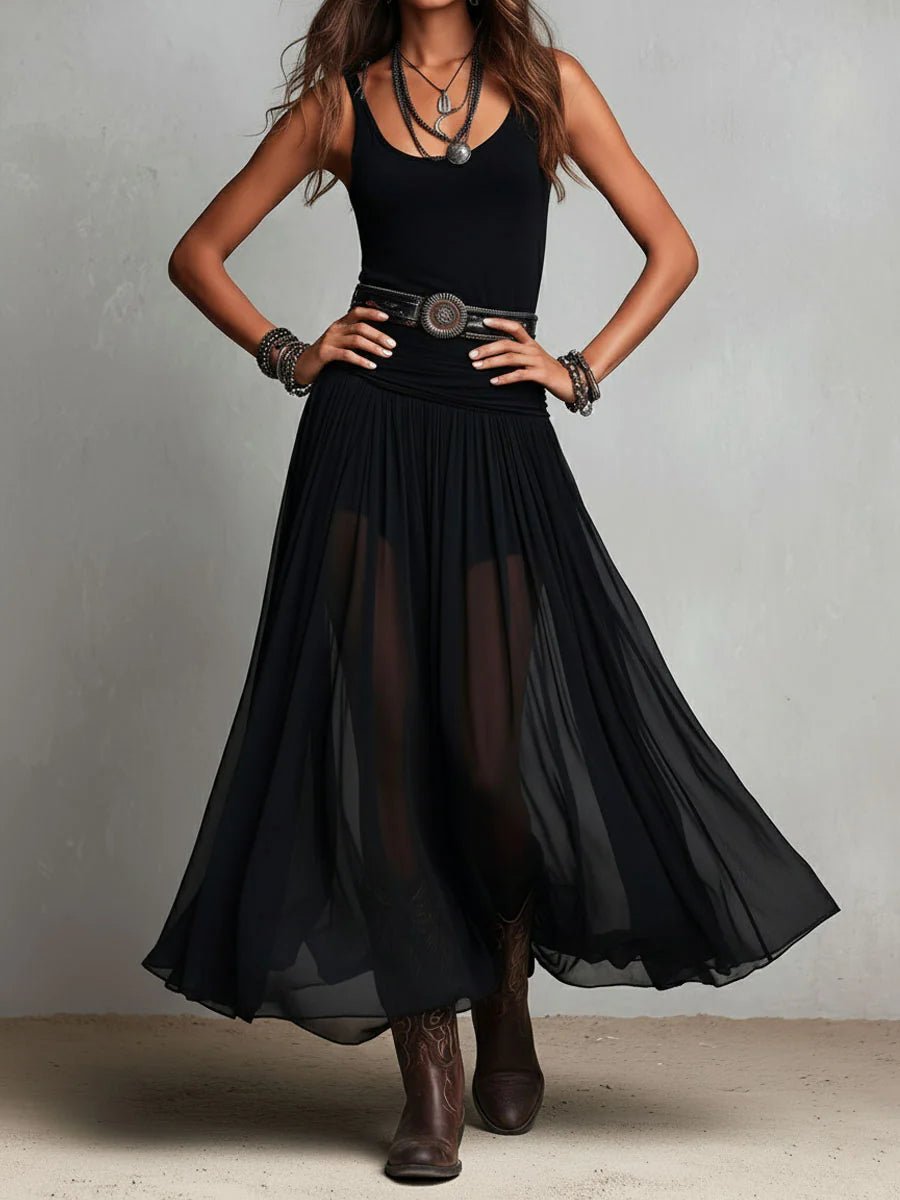 Stylish women's sleeveless maxi dress with a flowing boho design, V-neck, and chic Western belt accent.