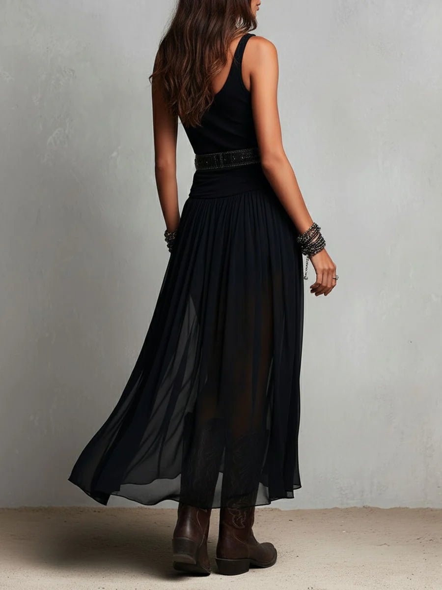 Comfortable women's flowing summer maxi dress, V-neck, sleeveless, with a trendy Western belt. Boho chic.