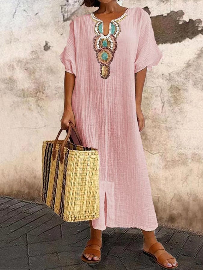 Elegant women's summer kaftan maxi dress. Comfortable, loose-fit beachwear & casual resort wear for vacation.