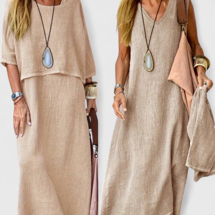 Women's flowing layered maxi dress in a relaxed fit, perfect for elegant everyday style.