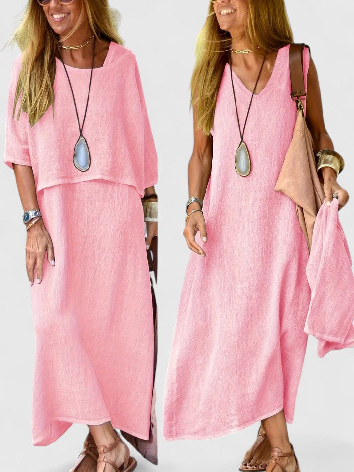 Comfortable women's layered maxi dress, offering effortless everyday style & relaxed fit.