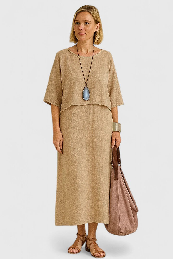 Everyday women's flowy layered maxi dress, embodying effortless comfort and casual elegance.