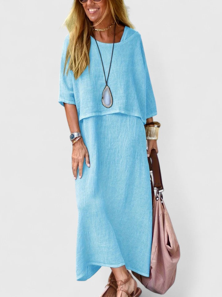 Chic women's flowing layered maxi dress, a relaxed fit long dress for elegant spring/summer style.