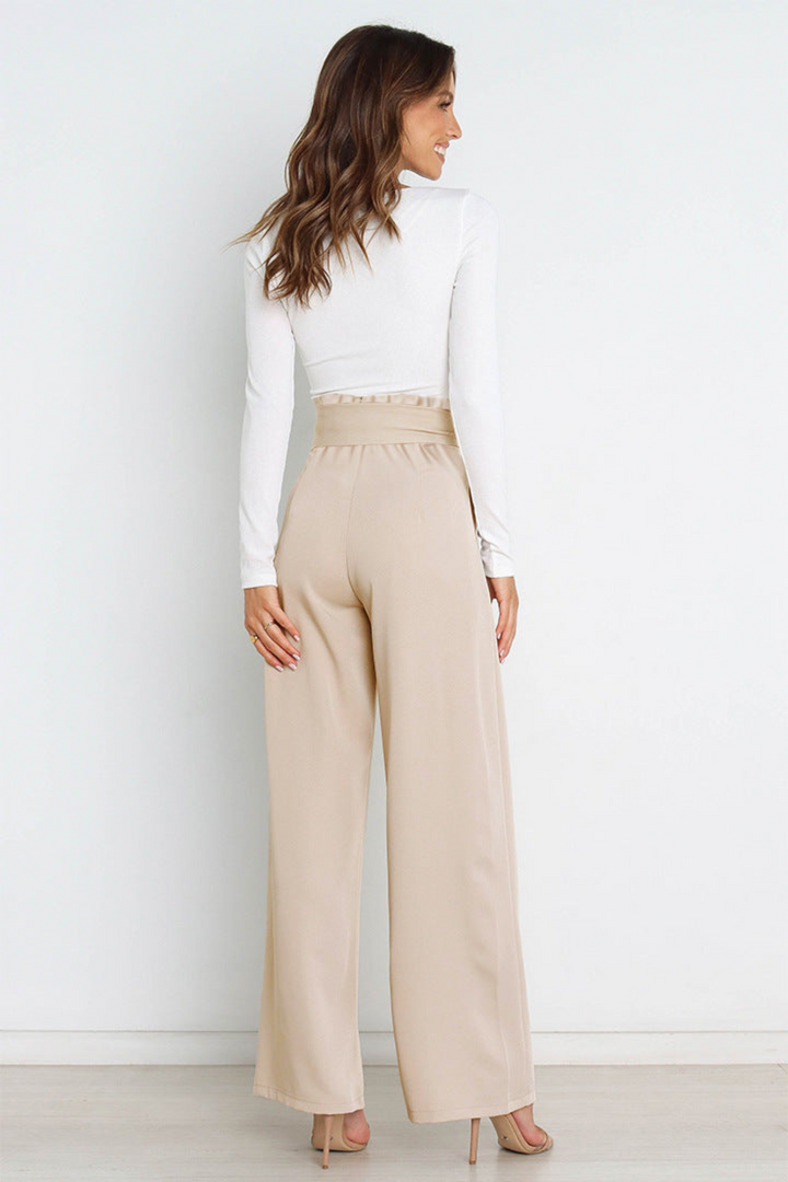High-waisted tie-waist linen pants, relaxed casual style.