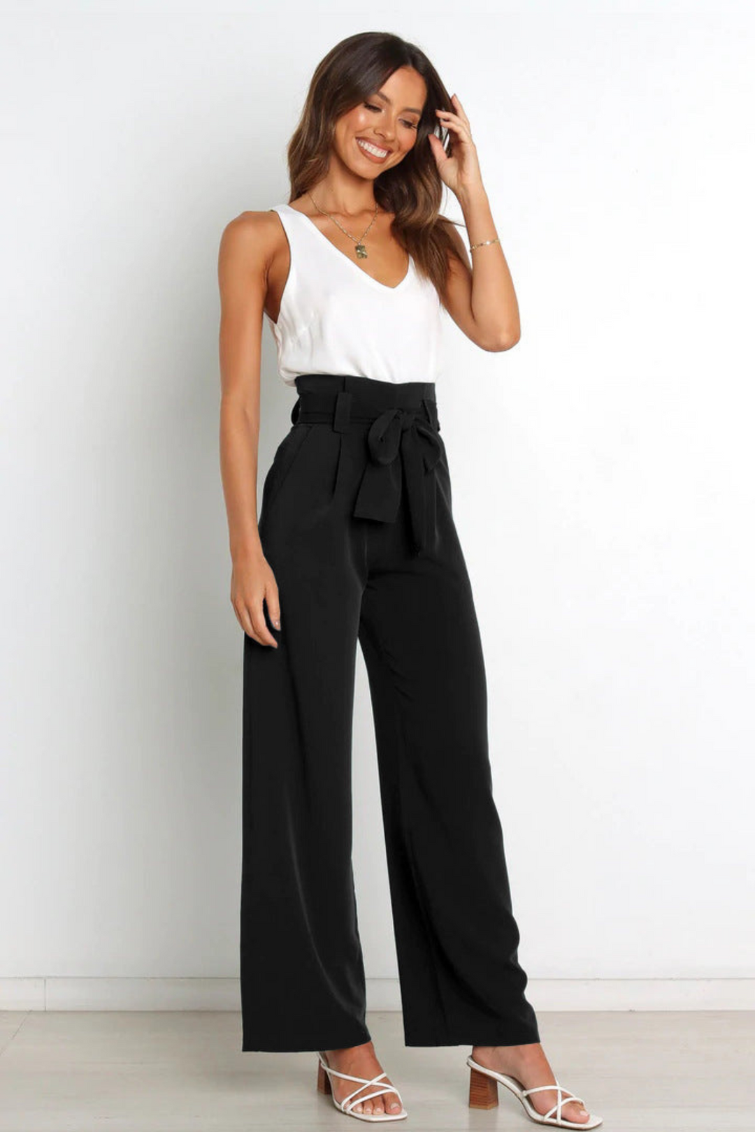 High waist tie-waist linen wide leg pants, women's casual.