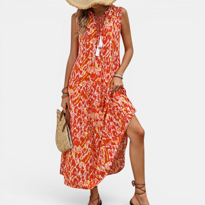 Women's beautiful sleeveless summer dress, flowing boho midi style, perfect for day or night.