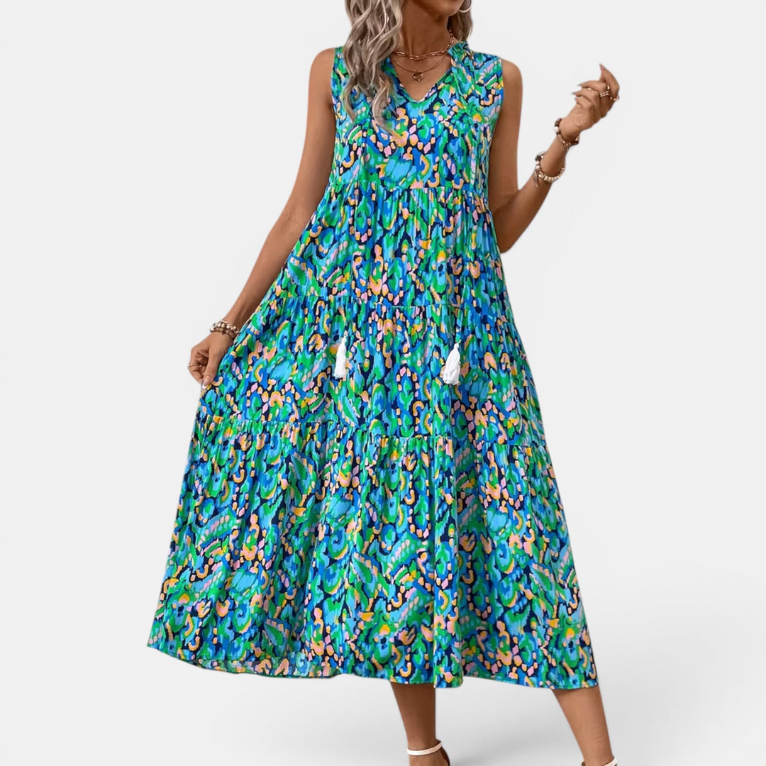 Women's effortless summer dress, sleeveless flowy boho midi, perfect for warm weather style.