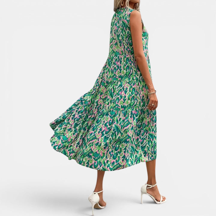 Women's comfortable elegant midi dress, sleeveless flowy boho style, great for summer wear.