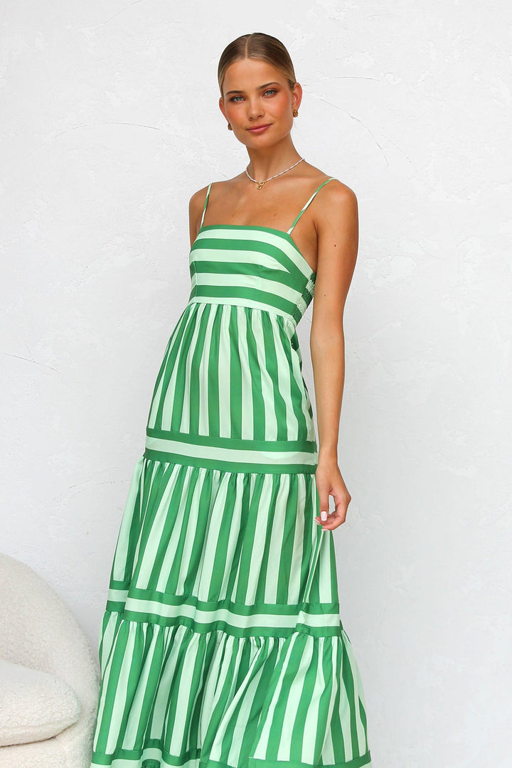 Stunning women's evening dress, a striped tiered maxi with elegant spaghetti straps.