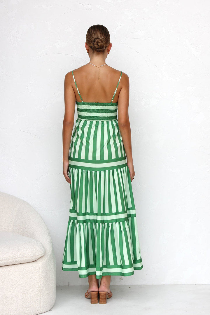 Chic women's striped tiered maxi dress, offering a comfortable and elegant fit.