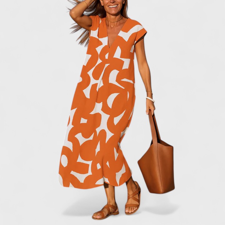 Effortless chic women's flowing V-neck dress, combining comfort and elegance for summer and holidays.