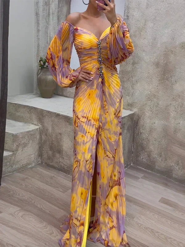 Women's flowing V-neck maxi dress, perfect for a wedding guest, special occasion, or elegant party.