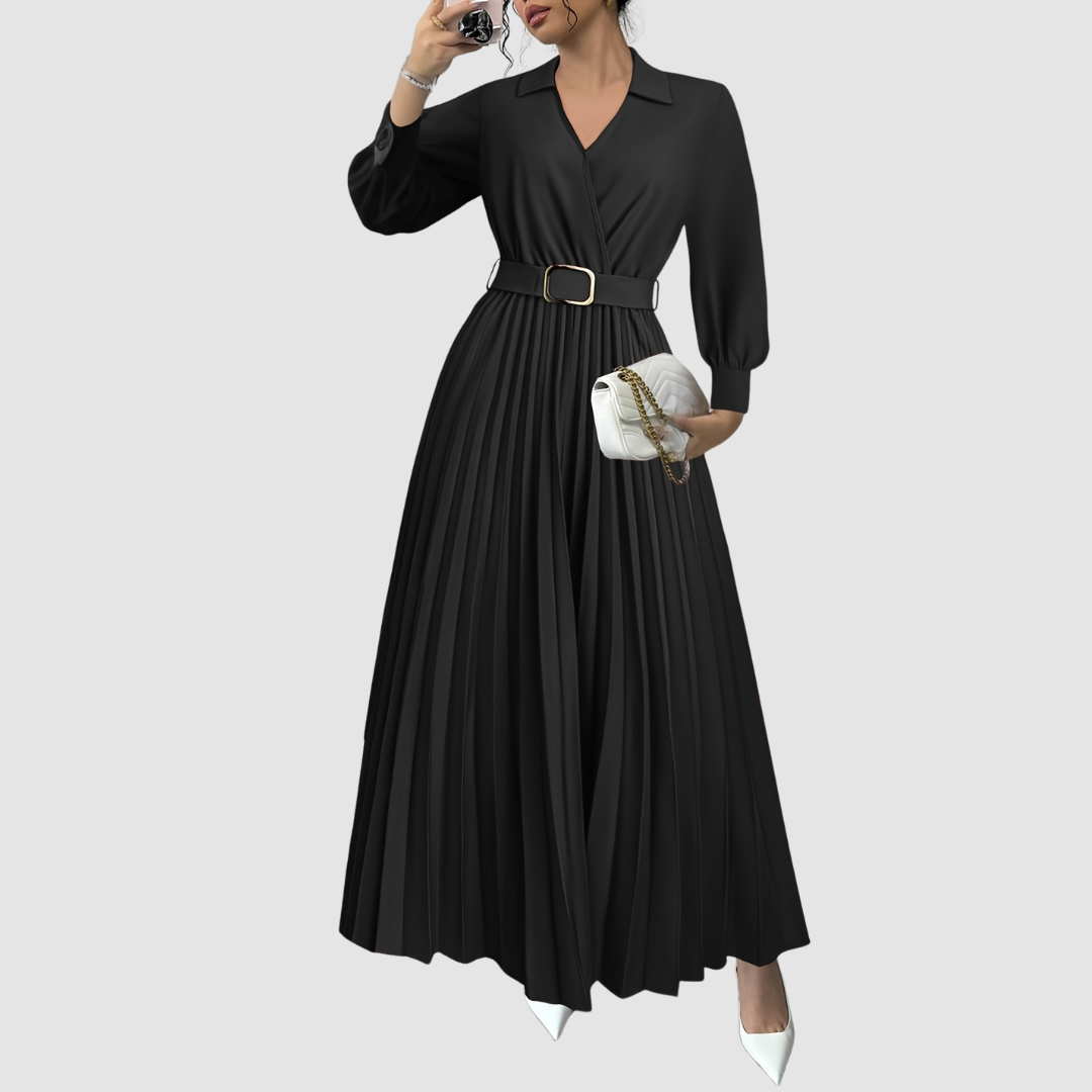 Women's flowing V-neck maxi dress with long sleeves and pleated skirt, perfect for everyday elegance.