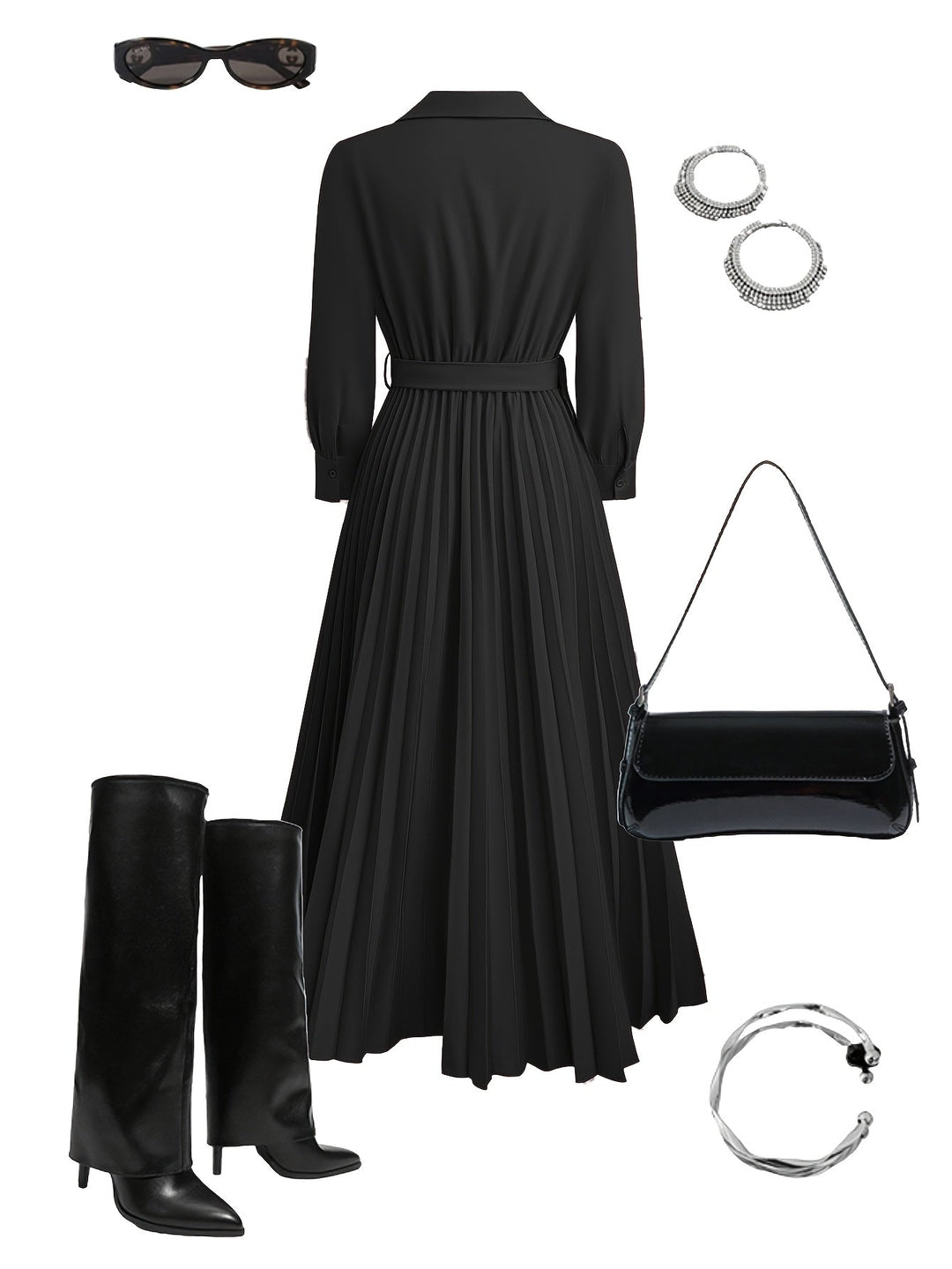 Simple yet elegant women's V-neck maxi dress, featuring long sleeves and a flowing pleated skirt.