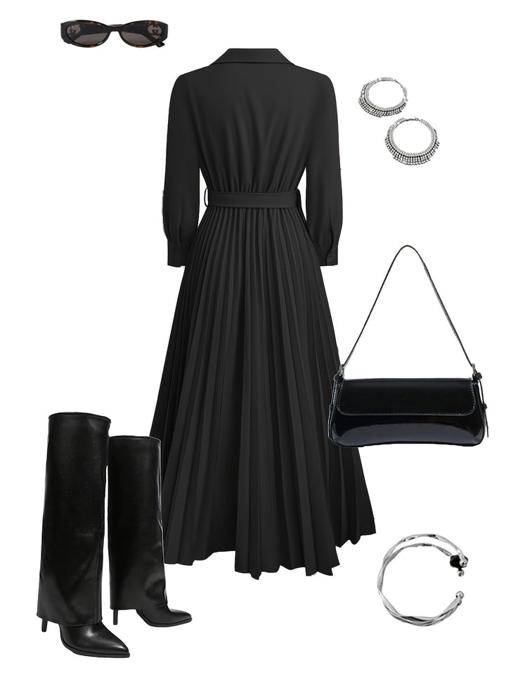 Simple yet elegant women's V-neck maxi dress, featuring long sleeves and a flowing pleated skirt.