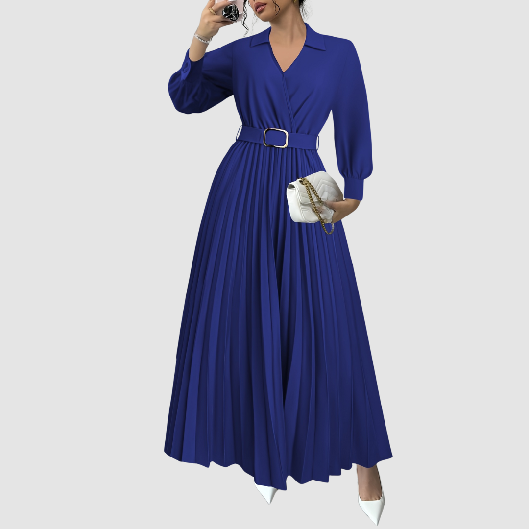 Elegant women's V-neck long sleeve maxi dress with a flowing pleated skirt, ideal for party wear.