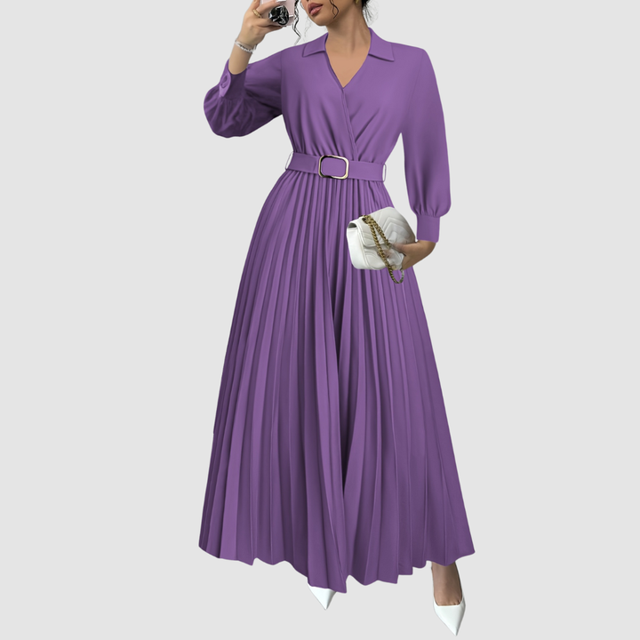 Comfortable yet elegant women's flowing V-neck dress, a long sleeve maxi for versatile day-to-night style.