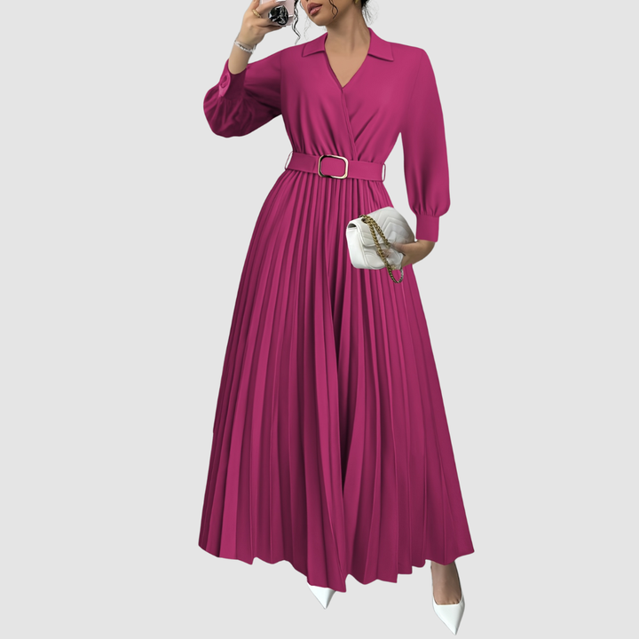 Women's V-neck elegance dress: a versatile long sleeve maxi with pleated skirt, suitable for formal & casual.