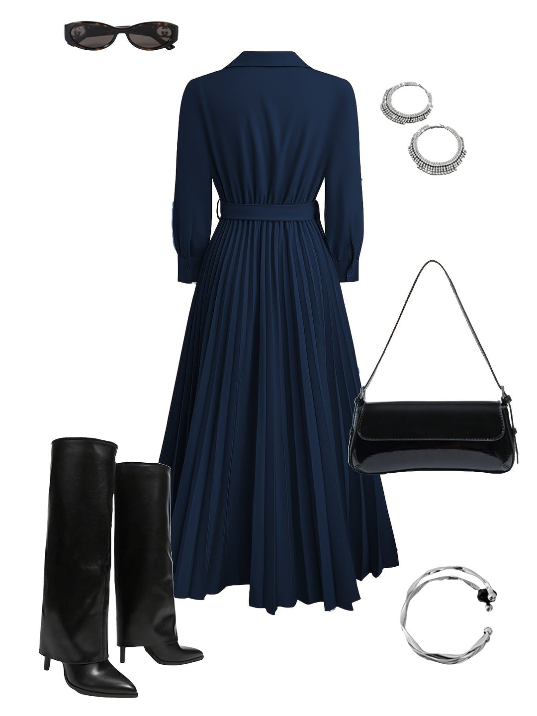 Graceful women's flowing V-neck maxi dress, long sleeve and pleated, perfect for parties or day wear.