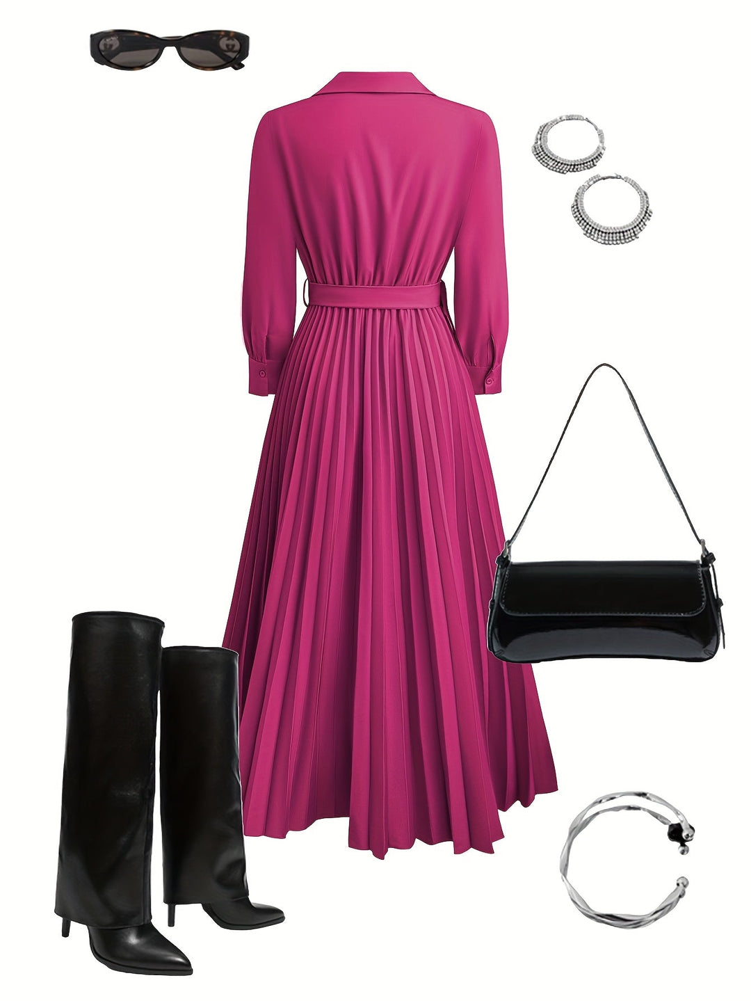 Women's V-neck maxi dress, flowing fabric, long sleeves, and a beautiful pleated skirt for elegant appeal.