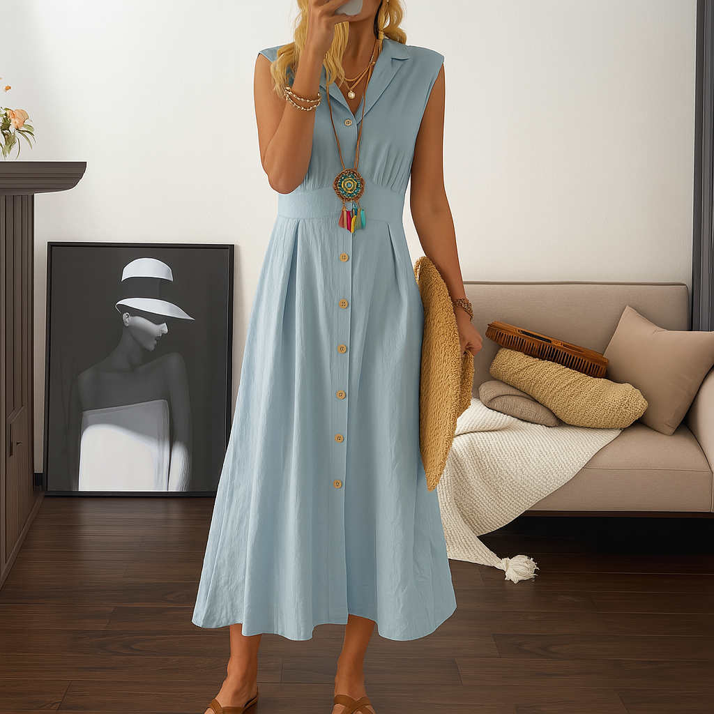 Women's flowy A-line button-down maxi dress, perfect for elegant summer or casual spring wear.