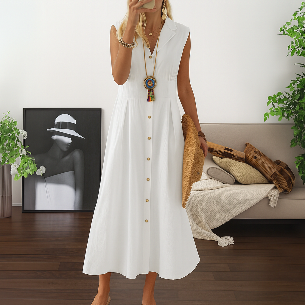 Comfortable & elegant women's flowy A-line maxi dress, featuring a chic button-down front for effortless style.