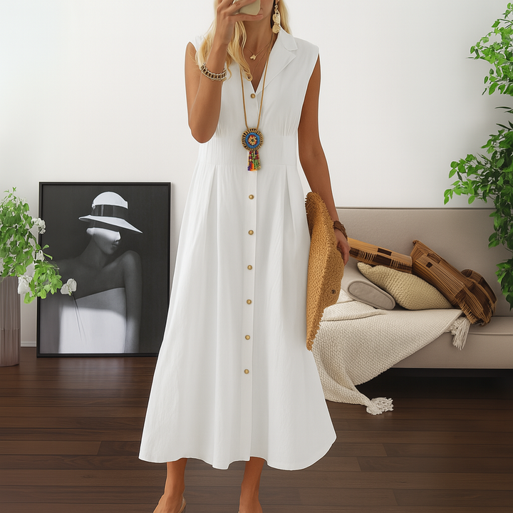 Comfortable & elegant women's flowy A-line maxi dress, featuring a chic button-down front for effortless style.
