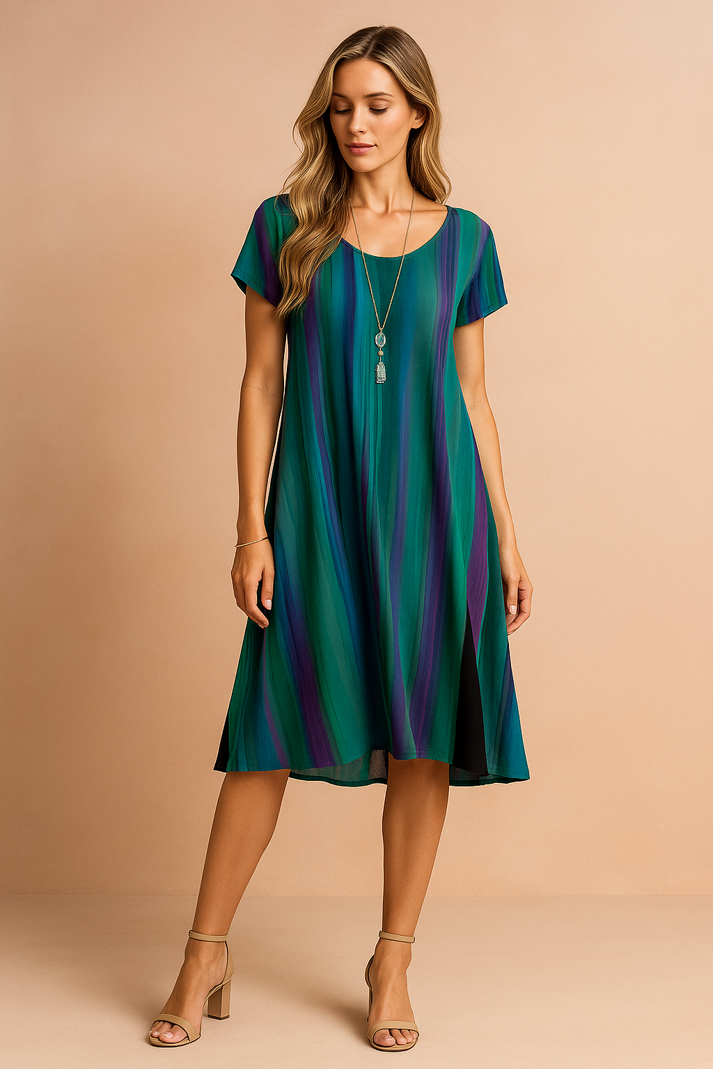 Women's flowy boho gradient summer dress with short sleeves. Perfect casual beach or vacation outfit.