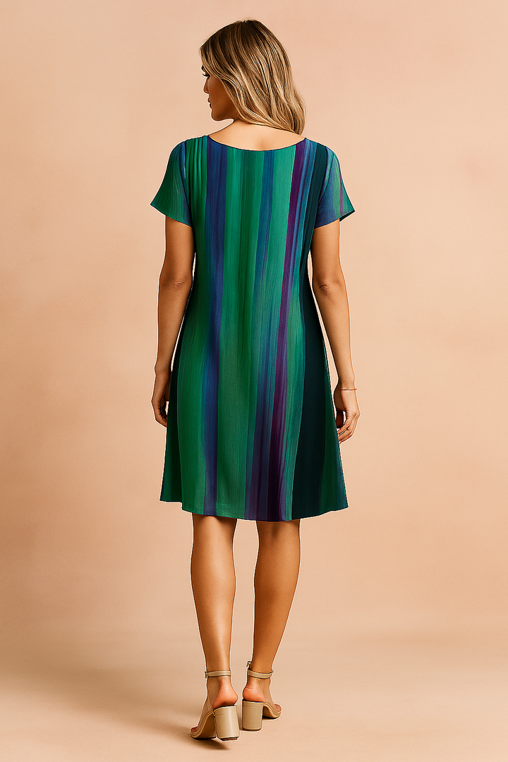 Stylish women's flowy gradient boho dress. Ideal short sleeve summer vacation or everyday casual wear.