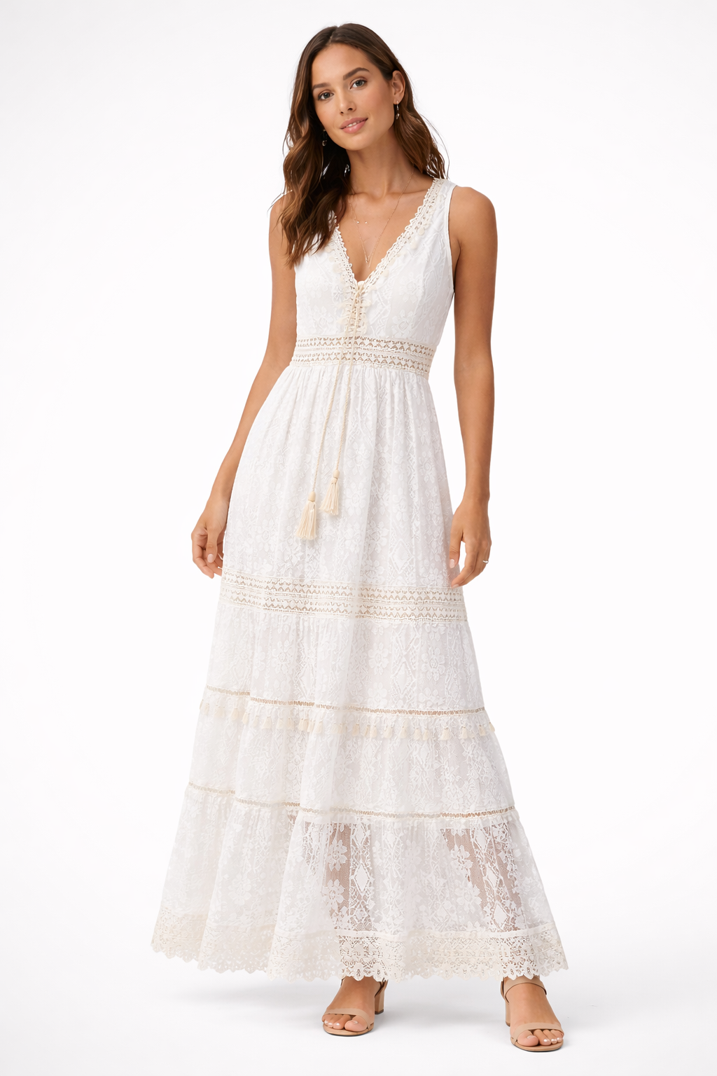 Women's flowy boho maxi beach dress, perfect for summer vacations and resort wear. Lightweight and comfortable.