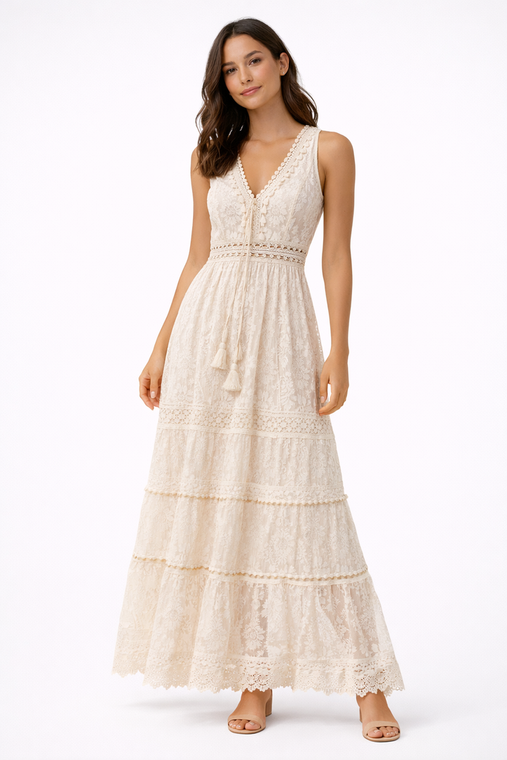 Elegant women's boho maxi dress with a flowy design, ideal for beach trips, summer outings, and vacation fashion.