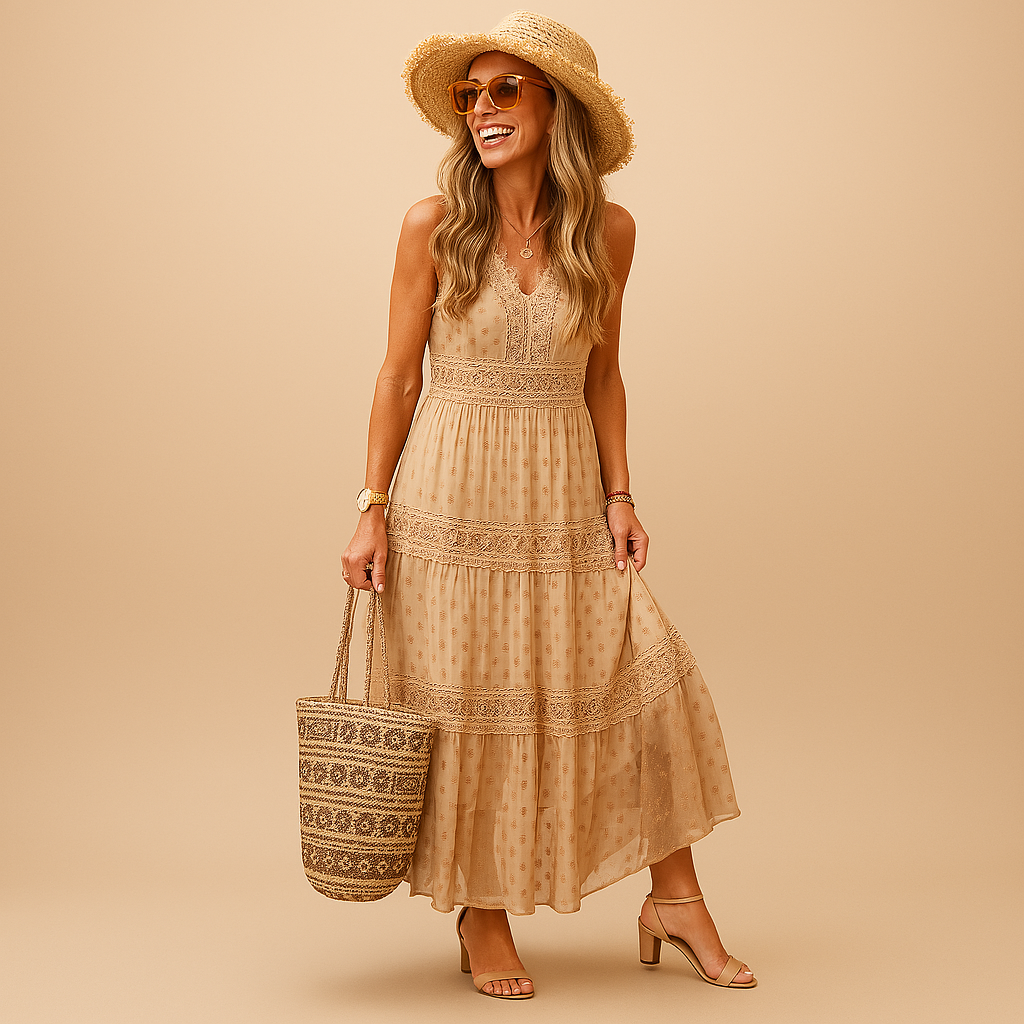 Relaxed fit women's sleeveless boho summer dress, elegant & comfortable for beach or festival wear.