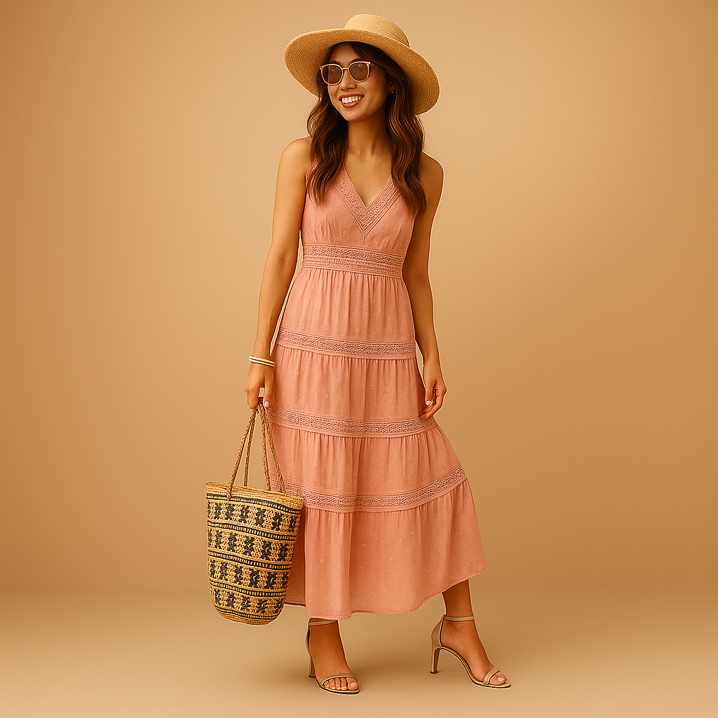 Ibiza style women's boho summer dress. Ideal flowy beach wear or festival outfit for casual elegance.