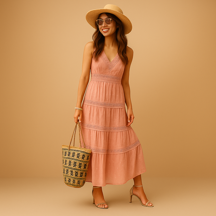 Ibiza style women's boho summer dress. Ideal flowy beach wear or festival outfit for casual elegance.