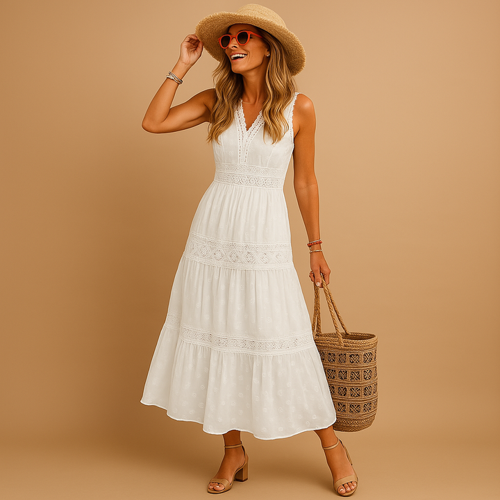 Full length women's boho summer maxi dress, flowy and relaxed for a chic beach or festival look.