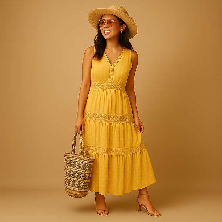Comfortable women's boho summer dress, flowy vacation outfit. Sleeveless, perfect for beach & festivals.