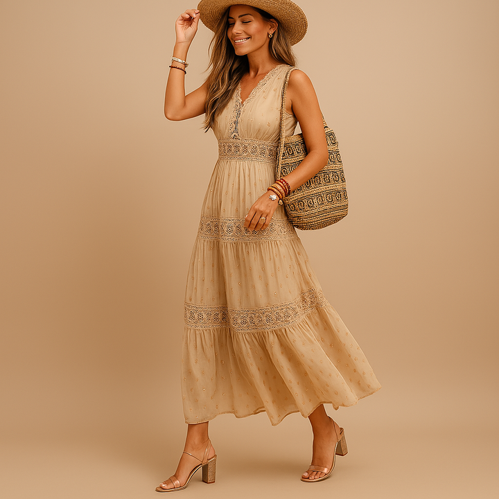 Elegant women's sleeveless boho summer dress with a flowy, relaxed fit. Perfect Ibiza style beach & festival wear.