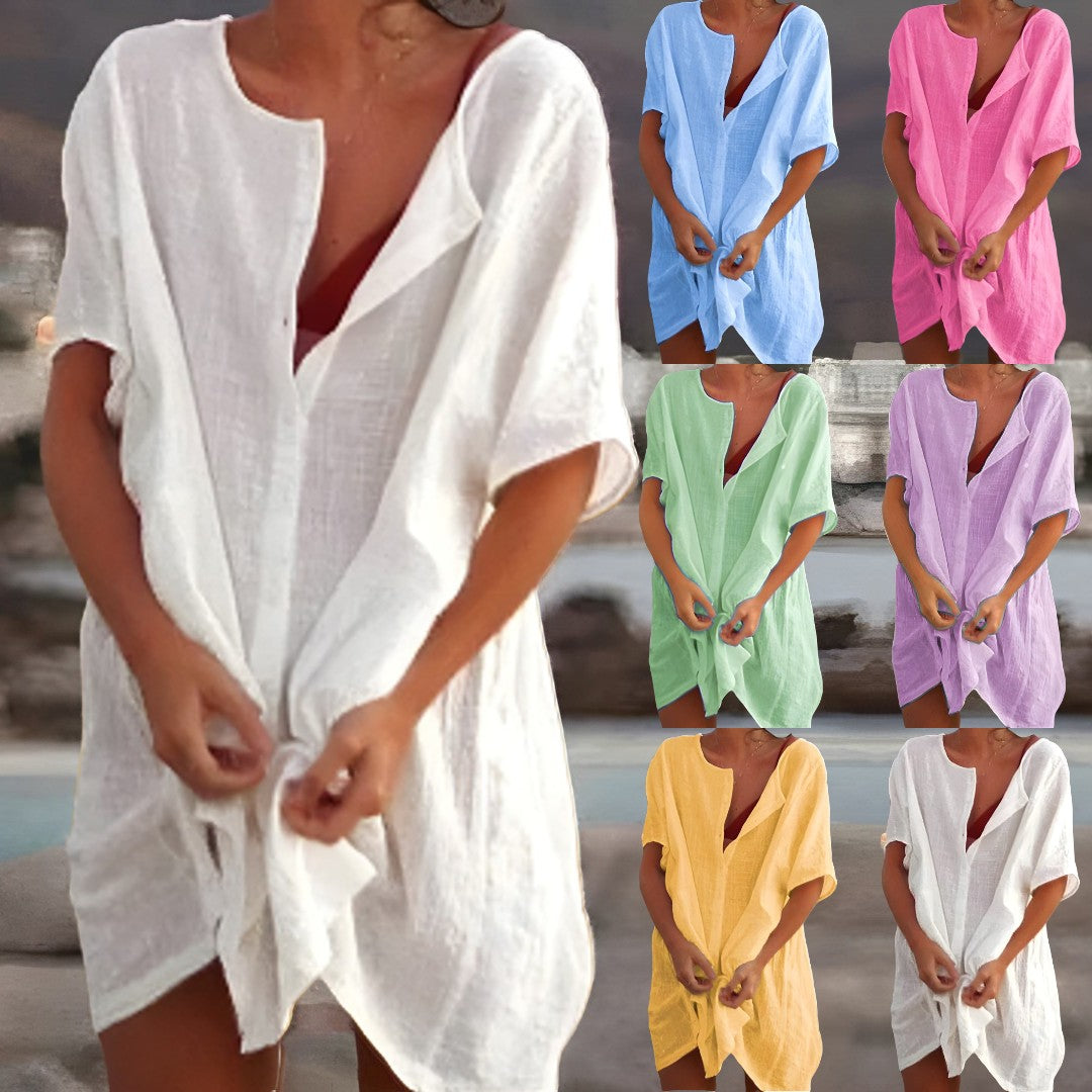 Effortless women's flowy beach dress, button-front design, great for casual summer outings.