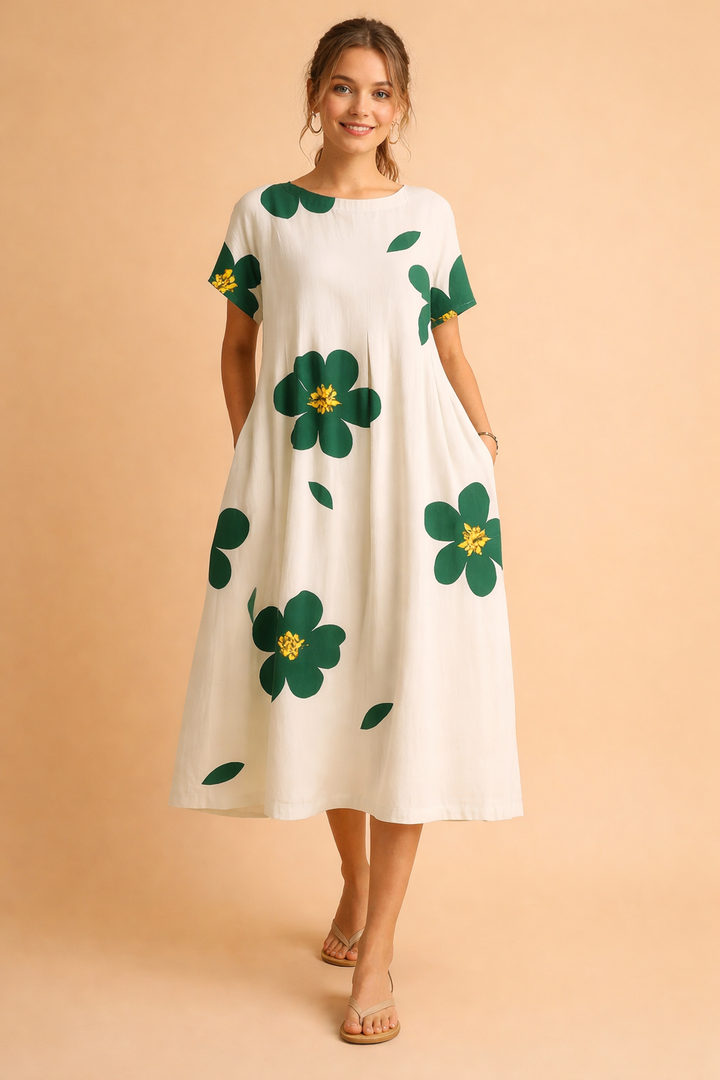 Elegant women's floral print boho dress with a relaxed, flowy fit, ideal for summer vacations.