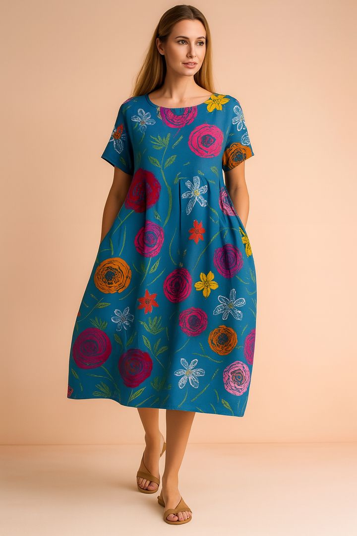 Bohemian style women's flowy floral dress, featuring a relaxed fit for chic spring and summer fashion.