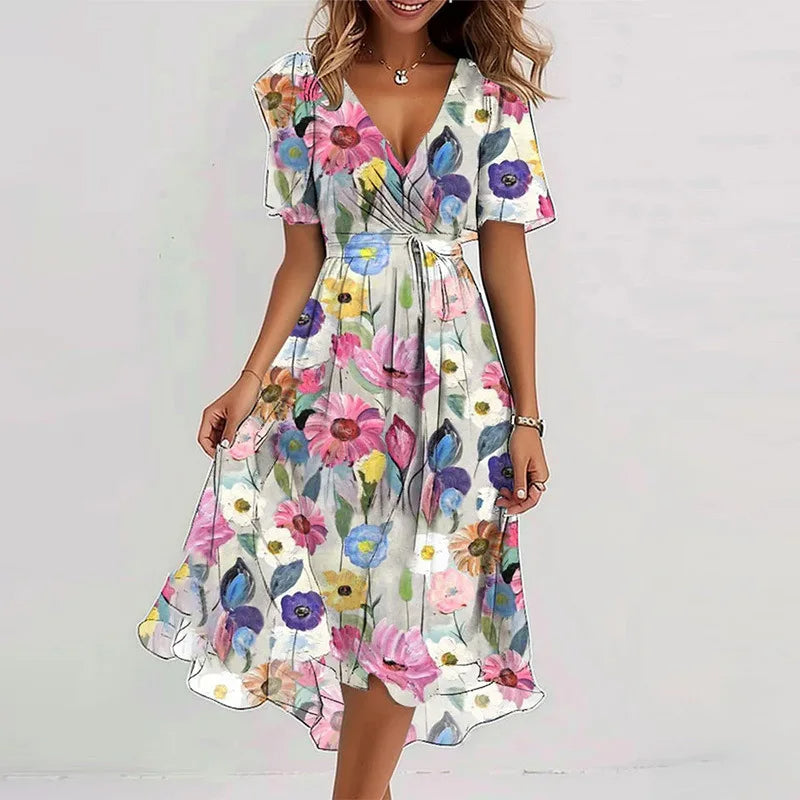 Comfortable flowy floral knee-length summer dress for women, A-line cut, perfect for warm weather.