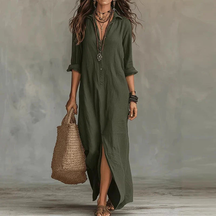 Boho chic long sleeve button-front maxi dress for women, ideal for casual summer resort wear.