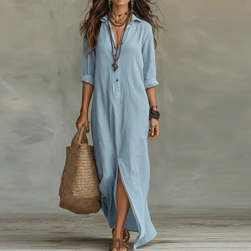 Women's long sleeve button-front maxi dress, light and airy for summer beach and vacation.