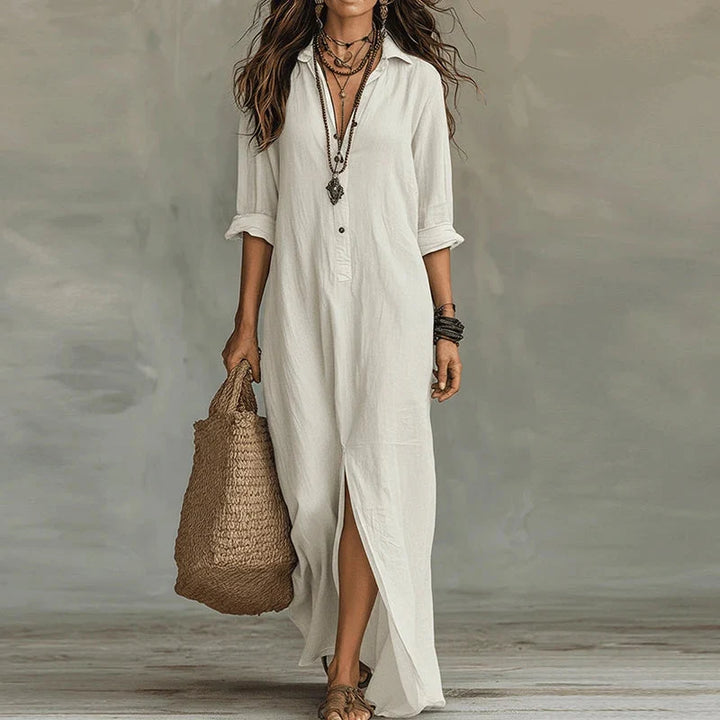 Boho flowy maxi dress with long sleeves, perfect for summer elegance, vacation, and resort wear.