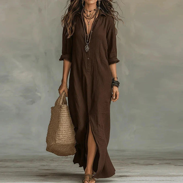 Chic women's flowy maxi dress with button front, ideal for summer elegance, vacation, and resort.